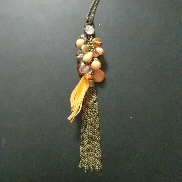 Gold Tone Rhinestone Orange Beaded Feather Chain Dangle Statement Necklace - Picture 1 of 3